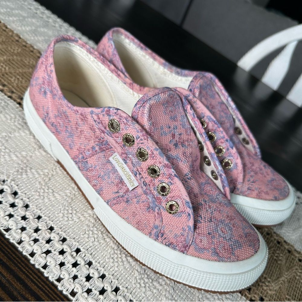 Superga X LoveShackFancy Womens Pink Bellflower Print Sneaker **no laces** EUC